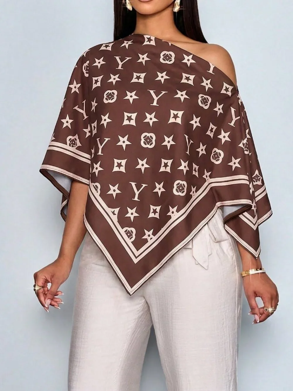 Brown Boho Women's Elegant Off-Shoulder Shirt Artistic Pattern Party Top - Picture 8 of 10